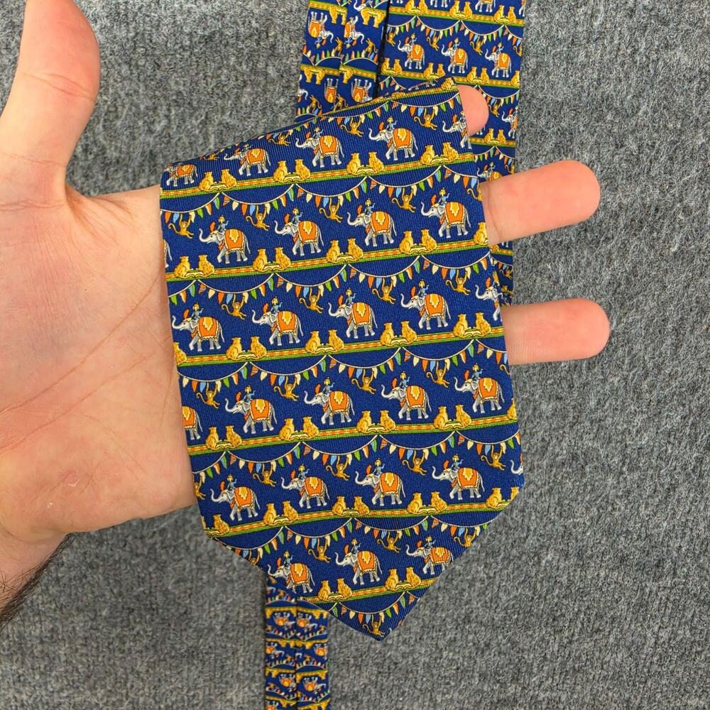 Salvatore Ferragamo Tie Mens Blue Silk Elephant Circus Animal Print Luxury Italy